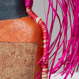Alfred Lowe, Searching for Answers III (473-26AS) (detail), 2026, hand built stoneware with underglaze sgraffito and raffia, 46 x 24 x 14 cm irreg. (with raffia 52 x 52 x 20 cm)
