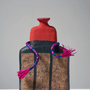 Alfred Lowe, Searching for Answers II (476-26AS), 2026, hand built stoneware with underglaze sgraffito and raffia, 46 x 30 x 11 cm irreg.
