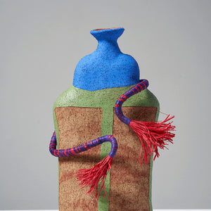 Alfred Lowe, Searching for Answers I (474-26AS), 2026, hand built stoneware with underglaze sgraffito and raffia, 44 x 21 x 11 cm irreg.
