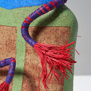 Alfred Lowe, Searching for Answers I (474-26AS) (detail), 2026, hand built stoneware with underglaze sgraffito and raffia, 44 x 21 x 11 cm irreg.
