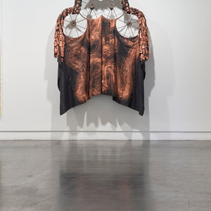 Julia Robinson, Gloaming Coat, 2023, linen, thread, wheels, steel, fixings and mixed media, 200 x 145 x 25 cm