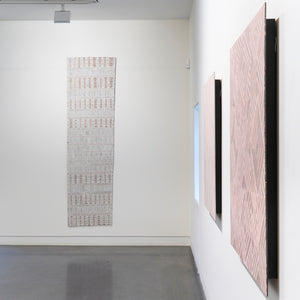 (L-R) Djirrirra Wunuŋmurra and Garawan Waṉambi in 'Dhulmu - Deep' at Hugo Michell Gallery, 2023