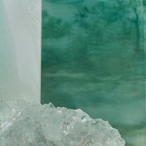 Janet Laurence, The Green Fuse (detail), 2024-25, Duraclear on shinkolite acrylic, oil pigment, crystal & glass vial, 50 x 120 x 26 cm
