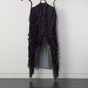 Julia Robinson, I am afraid to let it loose, 2026, sickles, fabric, thread, dye, steel and fixings, 240 × 120 × 30 cm