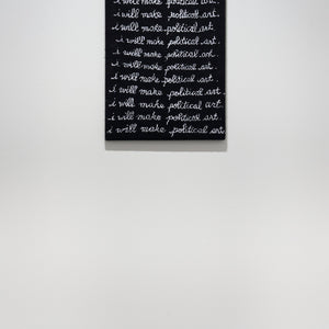 Kate Just, I will make political art (installation view), 2024, hand knitted acrylic yarns, canvas, and timber, 67 x 56 cm