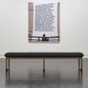 Kate Just, A Sign of the Times: A knitted translation of Zoe Leonard, I want a president, 1992, reinstalled in 2016 along the New York Highline (Installation view), 2026, hand knitted acrylic yarn, timber, canvas, 155 x 122 cm