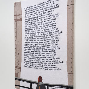 Kate Just, A Sign of the Times: A knitted translation of Zoe Leonard, I want a president, 1992, reinstalled in 2016 along the New York Highline, 2026, hand knitted acrylic yarn, timber, canvas, 155 x 122 cm
