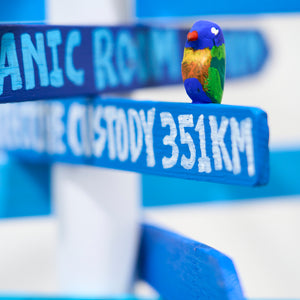 Lucas Grogan, A Guide (with rainbow lorikeets) (detail image), 2025, wood, polymer, acrylic, and motor, 90 x 25 x 25 cm
