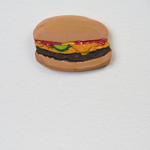 Marc Etherington, Burger #1, 2024, acrylic on hand cut board 7.5 x 10 cm irregular 