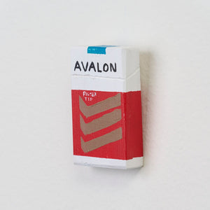 Marc Etherington's cigarette packs at Hugo Michell Gallery, 2024.