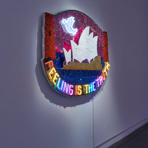 Paul Yore, Sydney Opera House (Feeling Is The Truth) (installation view), 2025, mixed media assemblage on board comprising plastic, glass, fabric, trim, cotton thread, LED light, wood, synthetic polymer, adhesive, and fixtures, 110 x 186 x 13 cm irreg. 