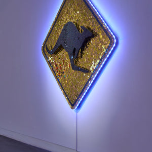 Paul Yore, Sign (Kangaroo) (installation view), 2025, mixed media assemblage on board comprising plastic, glass, fabric, trim, cotton thread, LED light, wood, synthetic polymer, adhesive, and fixtures, 174 x 174 x 13 cm
