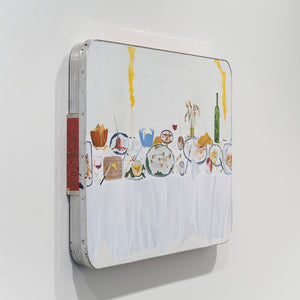 Richard Lewer, Last Supper (installation view), 2025, acrylic on laminate tabletop, 76 x 121.3 cm