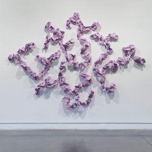Sam Gold, Heartbeats, heard through pillows (installation view), 2026, dirty porcelain & heat cured enamel, 210 × 296 × 18 cm