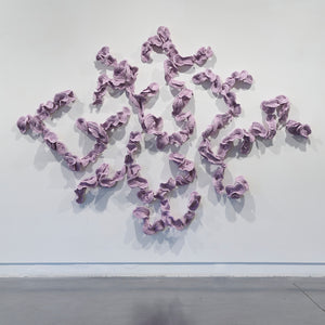 Sam Gold, Heartbeats, heard through pillows (installation view), 2026, dirty porcelain & heat cured enamel, 210 × 296 × 18 cm