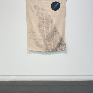 Sera Waters, Eighty Year Shadow (installation view), 2024-25, repurposed hemp/linen, fabric, hand-dyed string, cotton, 130 x 93 cm irreg. 