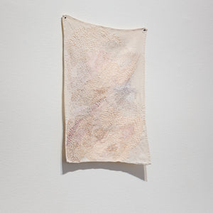 Sera Waters, And and and and: accounting for accumulations (installation view), 2025-26, various found threads on hand-dyed linen, 47 x 33 cm irreg. 