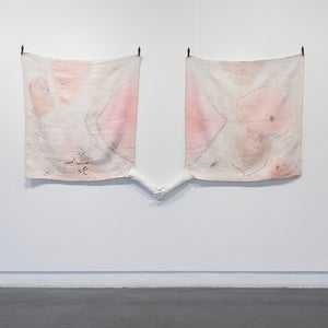Sera Waters, Tears and Blood (installation view), 2024, hand-dyed repurposed hemp/linen, various hand-dyed threads, cotton, string, repurposed kid leather gloves, 140 x 236 x 5 cm irreg. 