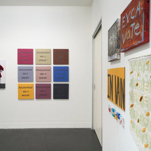 Kate Just, Georgia Spain, Marc Etherington, Paul Yore, Richard Lewer, Sera Waters, and Lucas Grogan in 'Words from the Storeroom' at Hugo Michell Gallery, 2026.