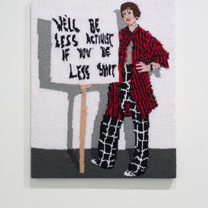 Kate Just, My Archive: knitted replica of an artist portrait for my exhibition Protest Signs by photographer Simon Strong in 2022, 2024, hand knitted wool and acrylic yarn, 76.2 × 58 cm
