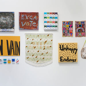 Georgia Spain, Marc Etherington, Paul Yore, Richard Lewer, Sera Waters, and Lucas Grogan in 'Words from the Storeroom' at Hugo Michell Gallery, 2026.