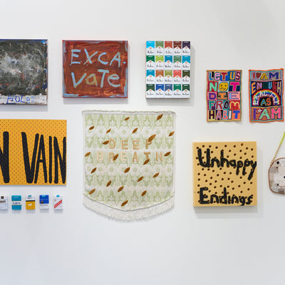 Georgia Spain, Marc Etherington, Paul Yore, Richard Lewer, Sera Waters, and Lucas Grogan in 'Words from the Storeroom' at Hugo Michell Gallery, 2026.