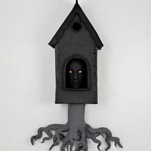Fiona Roberts, Espial, 2026, stoneware, underglaze, glaze, iron oxide, 22K gold luster, acrylic paint, fixings, 50 × 30 × 10 cm