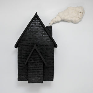 Fiona Roberts, Exhaled, 2026, stoneware, Porcelain, underglaze, glaze, 22K gold lustre, acrylic paint, fixings, 35 × 35 × 14 cm