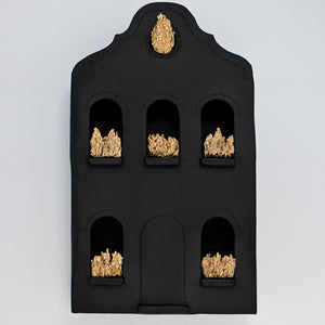 Fiona Roberts, Kindling, 2026, stoneware, Porcelain, underglaze, glaze, 22K gold lustre, enamel paint, glue, fixings, 35 × 20 × 8 cm