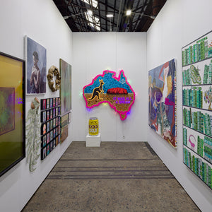 Justine Varga, Clara Adolphs, Sam Gold, Bridie Gillman, Julia Robinson, Sally Bourke, Fiona McMonagle, Richard Lewer, Paul Yore, Georgia Spain, and Lucas Grogan in extended booth presentation at Sydney Contemporary Art Fair for Hugo Michell Gallery, 2026, Carriageworks, Sydney. Photo by Document Photography