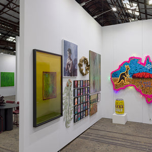 Justine Varga, Clara Adolphs, Sam Gold, Bridie Gillman, Julia Robinson, Sally Bourke, Fiona McMonagle, Richard Lewer, Paul Yore, and Georgia Spain in extended booth presentation at Sydney Contemporary Art Fair for Hugo Michell Gallery, 2026, Carriageworks, Sydney. Photo by Document Photography