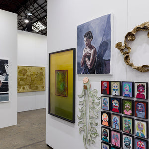 Clara Adolphs, Justine Varga, Sam Gold, Bridie Gillman, Julia Robinson, Sally Bourke in extended booth presentation at Sydney Contemporary Art Fair for Hugo Michell Gallery, 2026, Carriageworks, Sydney. Photo by Document Photography