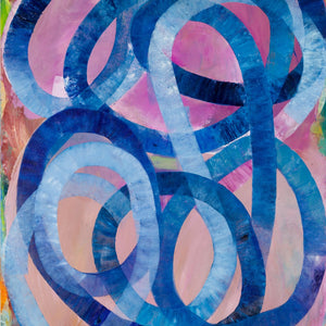 Ildiko Kovacs, Blue Hoops, oil on card mounted on board, 150 x 114 cm