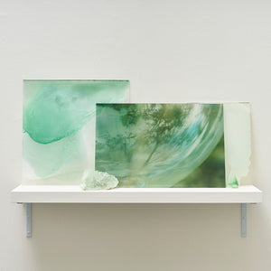 Janet Laurence, The Green Fuse (installation view), 2024-25, Duraclear on shinkolite acrylic, oil pigment, crystal & glass vial, 50 x 120 x 26 cm