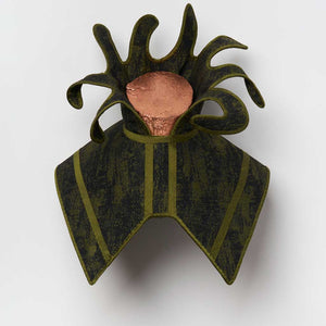 Julia Robinson, Crown-lop, 2025, copper-plated log, jacquard, silk, thread, felt, interfacing, steel, magnets, 40 x 35 x 18cm (irregular)