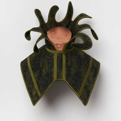 Julia Robinson, Crown-lop, 2025, copper-plated log, jacquard, silk, thread, felt, interfacing, steel, magnets, 40 x 35 x 18cm (irregular)