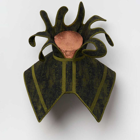 Julia Robinson, Crown-lop, 2025, copper-plated log, jacquard, silk, thread, felt, interfacing, steel, magnets, 40 x 35 x 18cm (irregular)