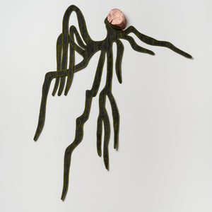 Julia Robinson, Buckling-shoot, 2026, copper-plated log, jacquard, silk, thread, felt, interfacing, steel, magnets, 117 x 95 x 8 cm irreg.