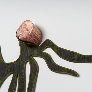 Julia Robinson, Buckling-shoot (detail), 2026, copper-plated log, jacquard, silk, thread, felt, interfacing, steel, magnets, 117 x 95 x 8 cm irreg.