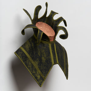 Julia Robinson, Crown-lop, 2025, copper-plated log, jacquard, silk, thread, felt, interfacing, steel, magnets, 40 x 35 x 18cm (irregular)