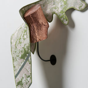 Julia Robinson, Deadhead (detail), 2025
copper-plated log, jacquard, silk, thread, felt, interfacing, steel, magnets, 95 x 105 x 15 cm irreg.
