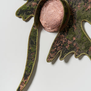 Julia Robinson, Flush-cut (detail), 2025, copper-plated log, jacquard, silk, thread, felt, interfacing, steel, magnets, 85 x 65 x 5 cm irreg.