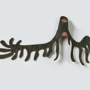 Julia Robinson, Girdling-root, 2025
copper-plated log, jacquard, silk, thread, felt, interfacing, steel, magnets, 55 x 140 x 4 cm irreg. 