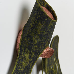 Julia Robinson, Girdling-root (detail), 2025
copper-plated log, jacquard, silk, thread, felt, interfacing, steel, magnets, 55 x 140 x 4 cm irreg. 
