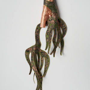 Julia Robinson, Lateral-crotch, , 2025copper-plated log, jacquard, silk, thread, felt, interfacing, steel, magnets, 117 x 95 x 8 cm irreg.