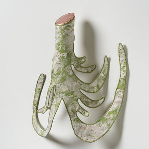 Julia Robinson, Root-collar, 2025
copper-plated log, jacquard, silk, thread, felt, interfacing, steel, magnets, 65 x 60 x 15 cm irreg. 
