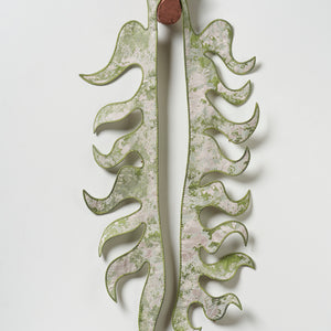 Julia Robinson, Serrated-margin, 2025, copper-plated log, jacquard, silk, thread, felt, interfacing, steel, magnets, 117 x 50 x 15 cm irreg. 