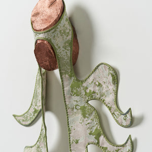 Julia Robinson, Serrated-margin (detail), 2025, copper-plated log, jacquard, silk, thread, felt, interfacing, steel, magnets, 117 x 50 x 15 cm irreg. 