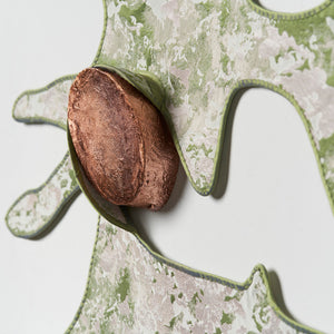 Julia Robinson, Soft-rot (detail), 2025, copper-plated log, jacquard, silk, thread, felt, interfacing, steel, magnets, 55 x 105 x 5 cm irreg.