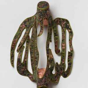 Julia Robinson, Sucker-cap, 2026
copper-plated logs, jacquard, silk, thread, felt, interfacing, steel, magnets, 70 x 55 x 14 cm irreg.